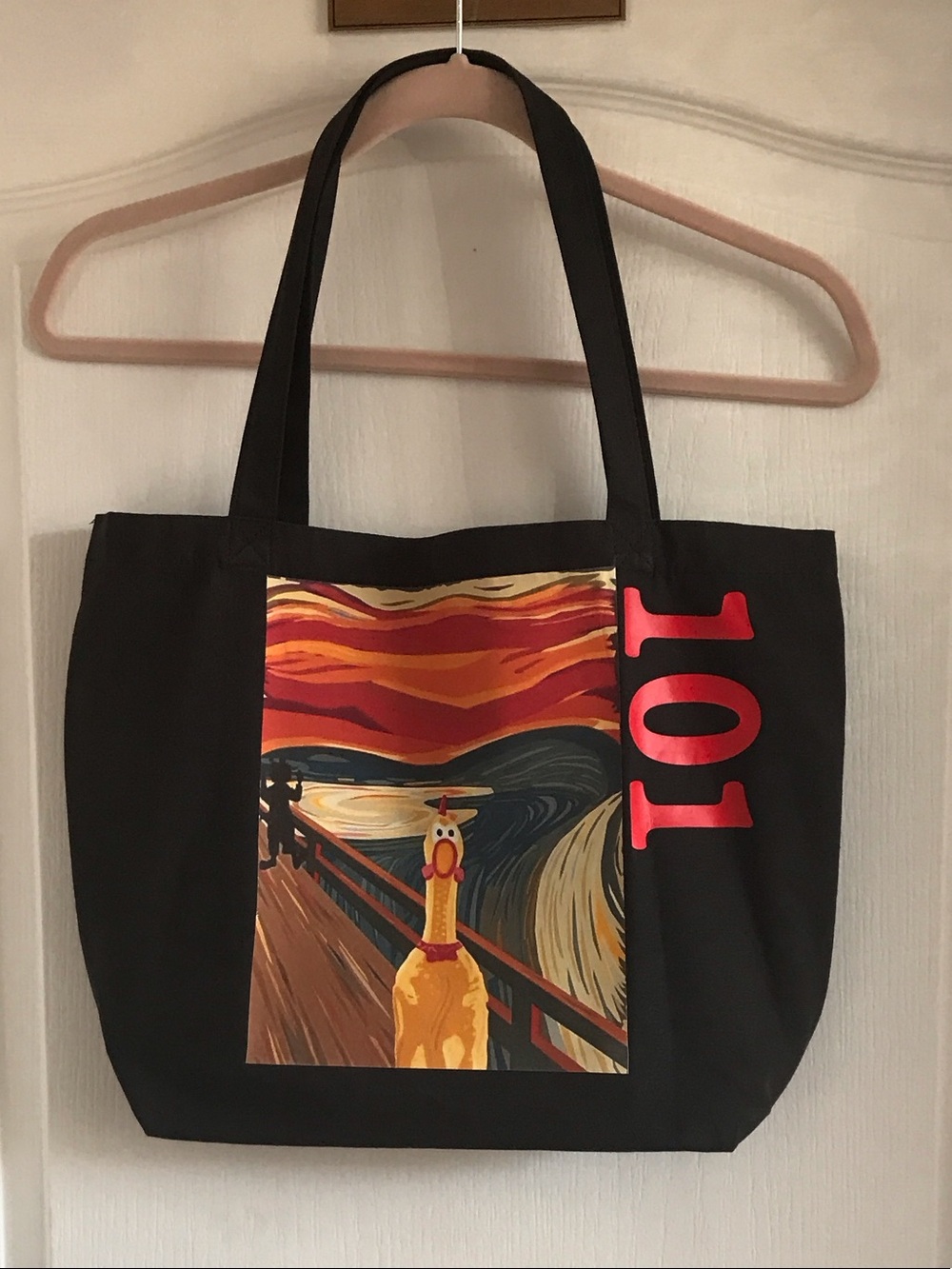 Black Tote Bag with Colorful Graphic Print and Red Accents